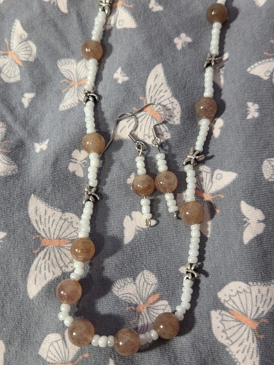 Handmade Jewelry - Pink MoonStone Necklace & Earrings Set With White Glass Beads